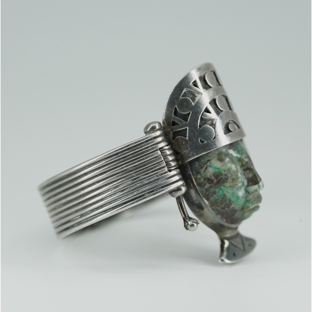 Vintage Los Ballesteros Taxco 925 Silver Bracelet‎ Carved Stone Aztec Warrior - Picture 2 of 6
